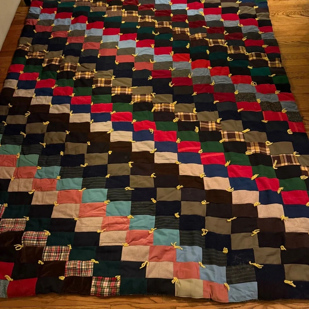 1.a.0.0.0.8.h Vtg Handmade Tied Patchwork Quilt 70x84 Mixed Fabric Folk Art